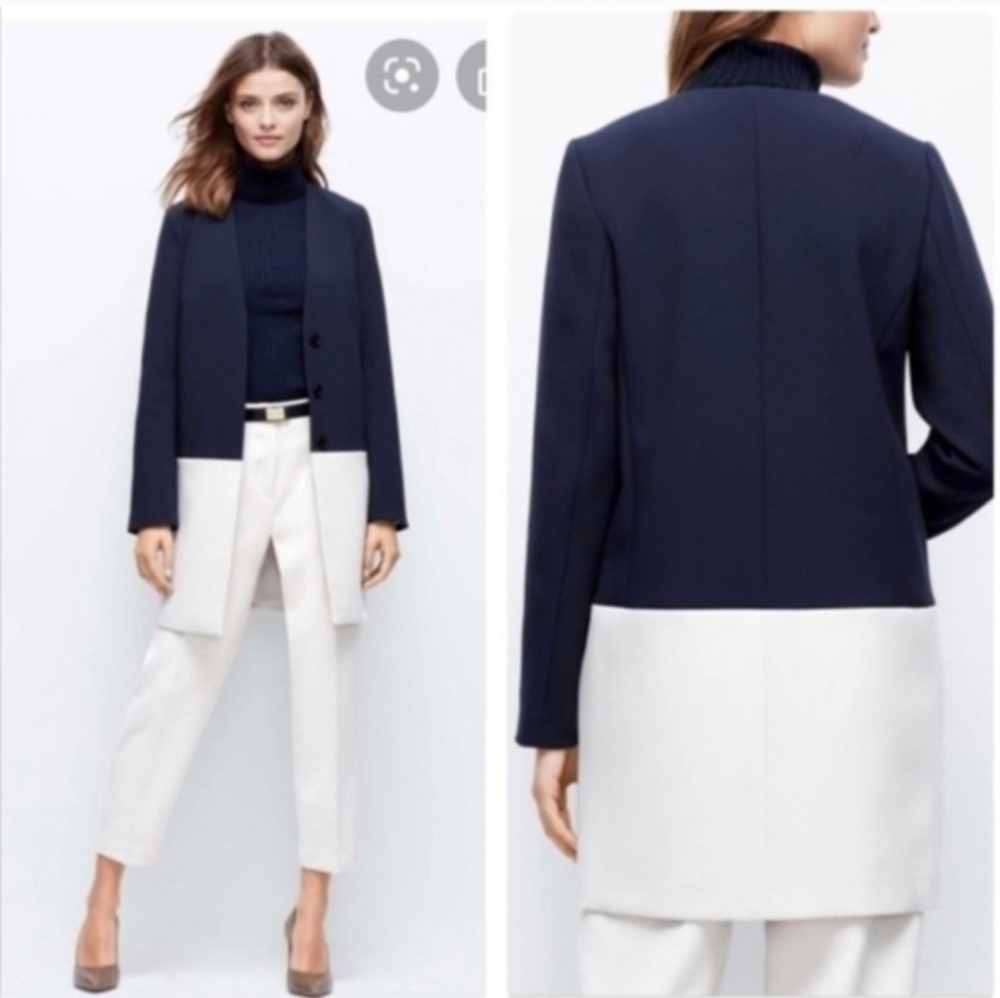 Ann Taylor Womens Coat Suit Jacket Long Blue Cream Color Block XXS Luxury